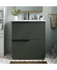 Busdays 30 Inch Bathroom Vanity with Ceramic Sink Full Extension Drawers Soft Close Undermount Slides Fluted Design