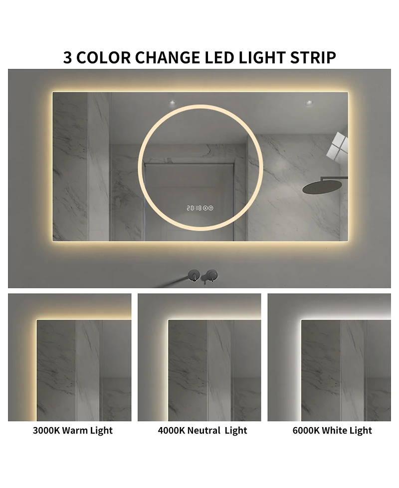 Busdays 48 x 24 Inch Bathroom Mirror with Led Lights Anti Fog Lighted Vanity Wall Mounted 6 Level Dimmable Horizontal
