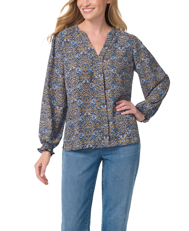 Gloria Vanderbilt Women's V-Neck Long-Sleeve Bishop-Style Blouse