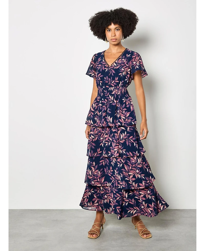 Apricot Women's Tiered Leaf Print Short-Sleeve Dress