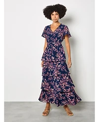 Apricot Women's Tiered Leaf Print Short-Sleeve Dress