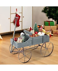 Gymax Patio Wooden Garden Flower Planter Wagon Plant Bed With Wheel Garden Yard