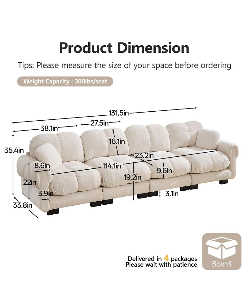 Boyel Living Chenille Cloud 4-Seater Sofa Exquisite Pillows and Quilted Back Cushions Soft Padded Armrests Deep Seat for Room