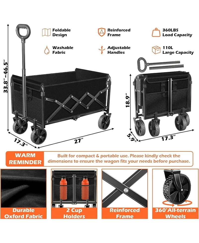 Mountaintop Wagons Carts Foldable, Collapsible Wagon, All-Terrain Wheels, 2 Cup Holders, Lightweight Cart for Beach, Camp, Sports, Garden