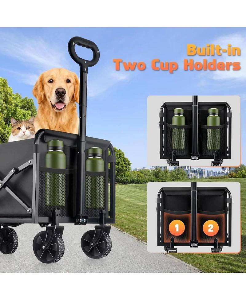 Mountaintop Collapsible Foldable Wagon Cart,220LBS Heavy Duty, All-Terrain Wheels,2 Cup Holders, Utility Cart, Black, Grocery Beach Sports Shopping