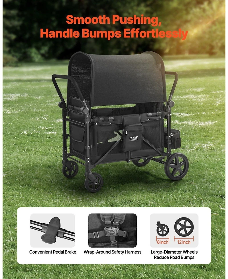 Mountaintop Wagon Stroller for 4 Kids, Adjustable Handle,5-Point Harness, Removable Canopy,330LBS, Camping