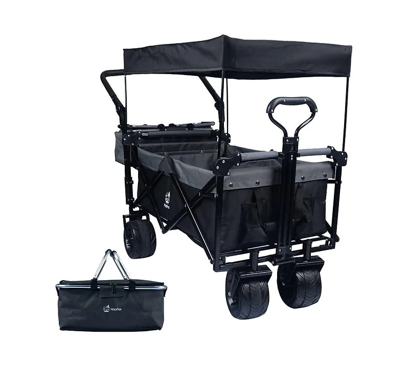 Mountaintop Collapsible Wagon with Removable Canopy, 4" All-Terrain Wheels with Brake, Adjustable Handle and Cooler Bag for Outdoor Garden and Beach