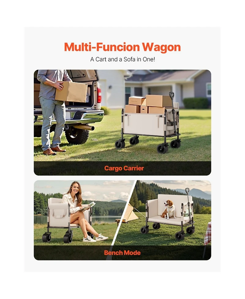 Mountaintop Collapsible Folding Wagon, 550lb 220L, 2-in-1 Bench Cart, Adjustable Handle for Grocery, Camping and Gardening