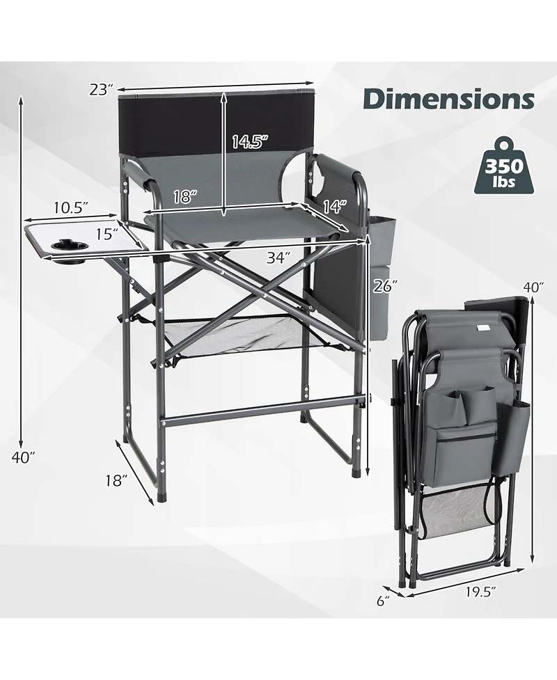 Gymax 26'' Folding Tall Director Chair with Side Table Cup Holders Storage Pockets