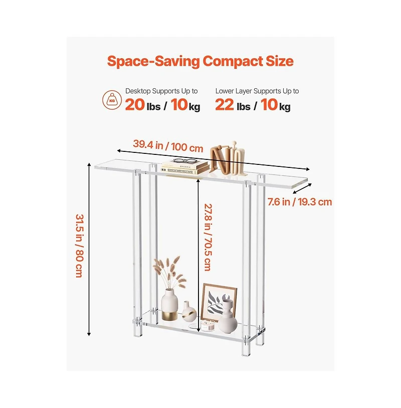 Slickblue Modern Clear Acrylic Console Table with Bottom Storage Shelf, Slim Side Desk for Foyer Hallway