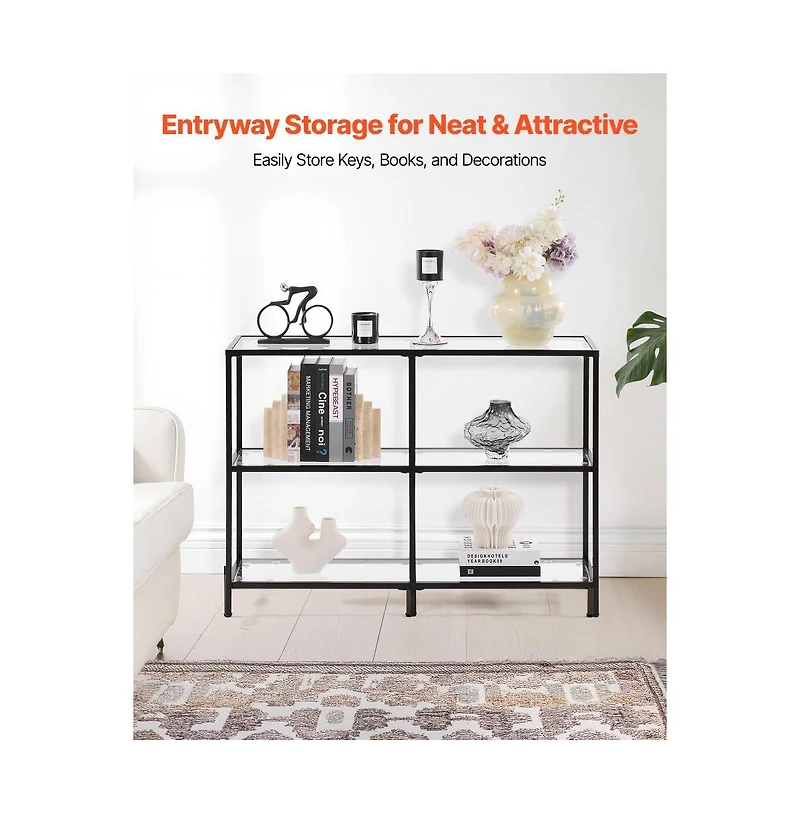 Slickblue Tempered Glass Console Table with 3-Tier Storage Shelves, Contemporary Sofa Table for Living Room