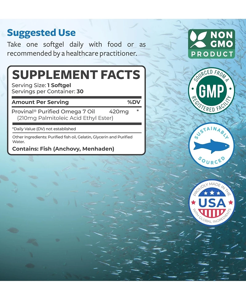 Healths Harmony Purified Omega 7 Softgel Capsules, Provinal Peruvian Anchovy Fish Oil Supplement, Health's Harmony, 30 Count