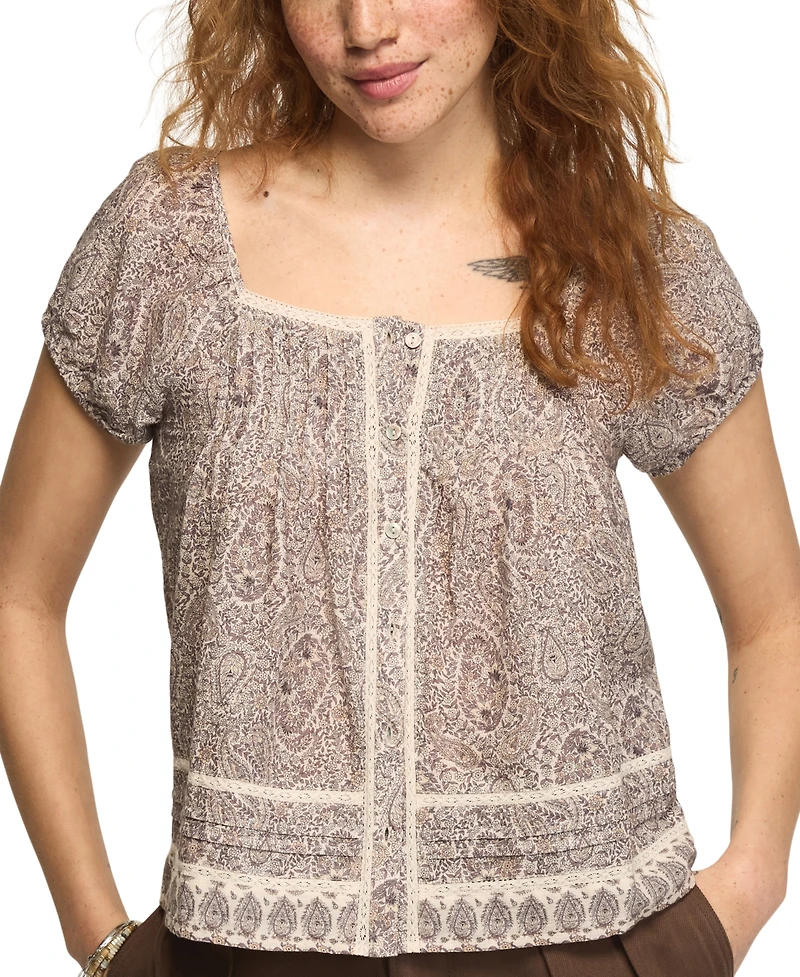 Lucky Brand Women's Cap Sleeve Lace Peasant Top
