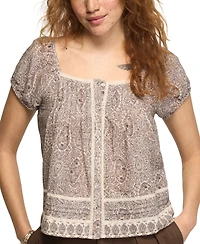 Lucky Brand Women's Cap Sleeve Lace Peasant Top