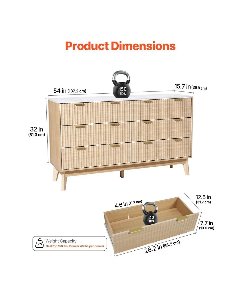 Slickblue 6 Drawer Fluted Dresser Chest for Bedroom and Living Room