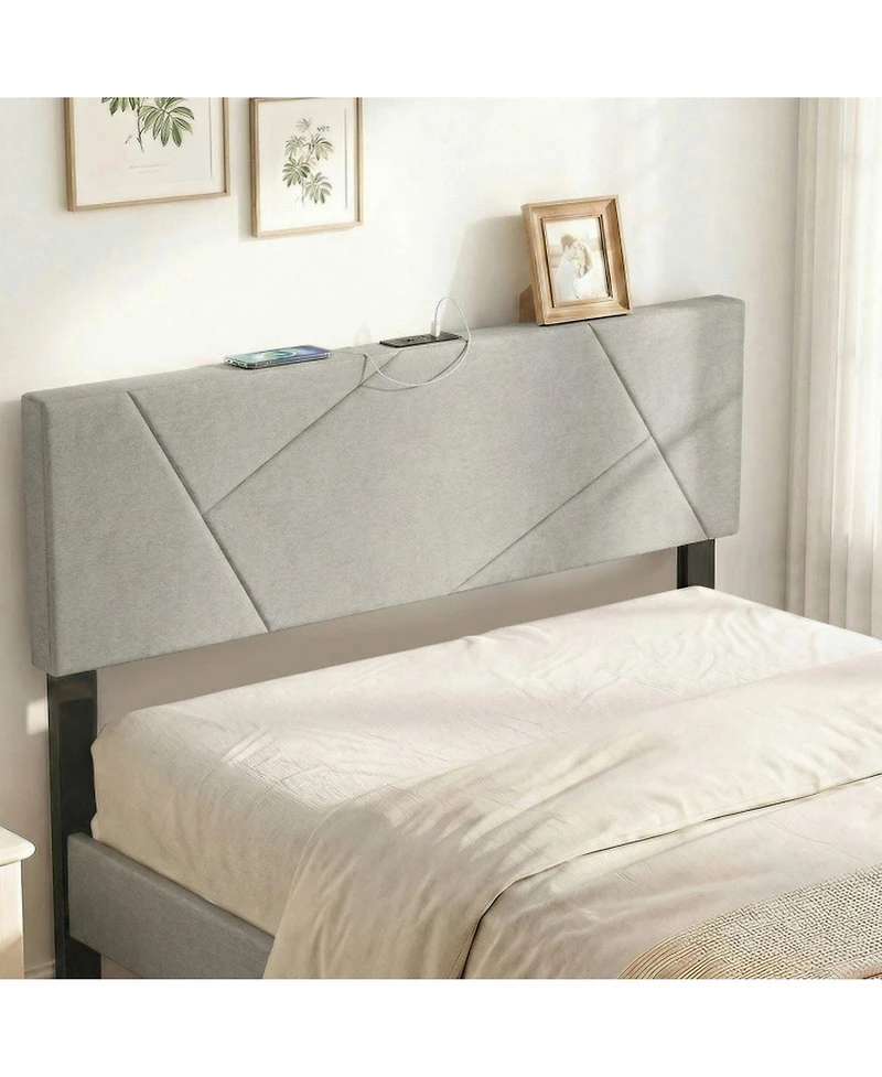 Sugift Geometric Upholstered Headboard for Full and Queen Size Bed with Charging Station
