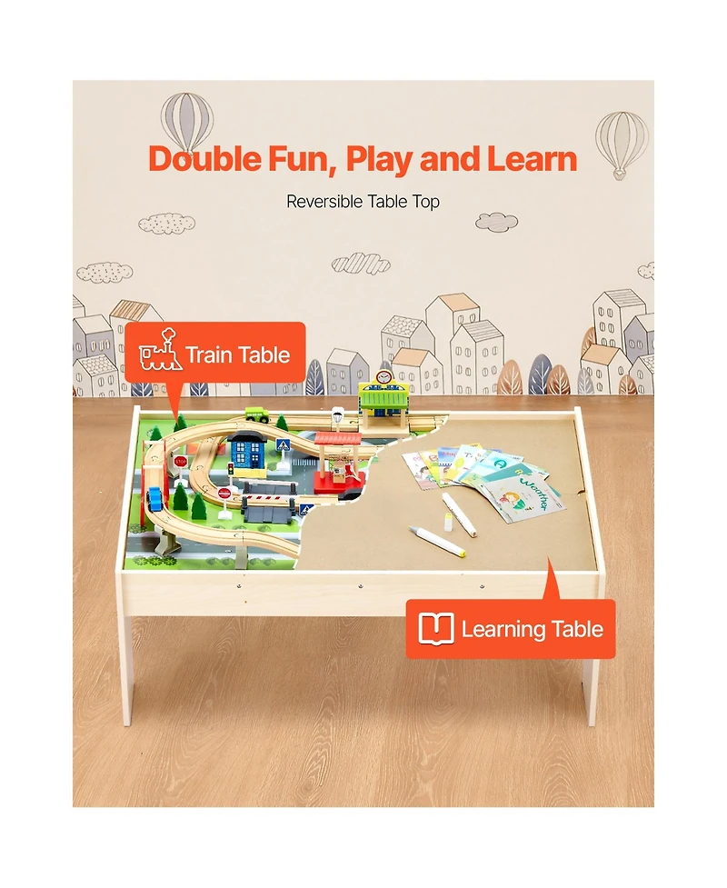 Hongge 84-Piece Reversible Tabletop Wooden Train Table with Collapsible Storage Bin