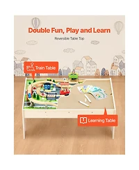 Hongge 84-Piece Reversible Tabletop Wooden Train Table with Collapsible Storage Bin