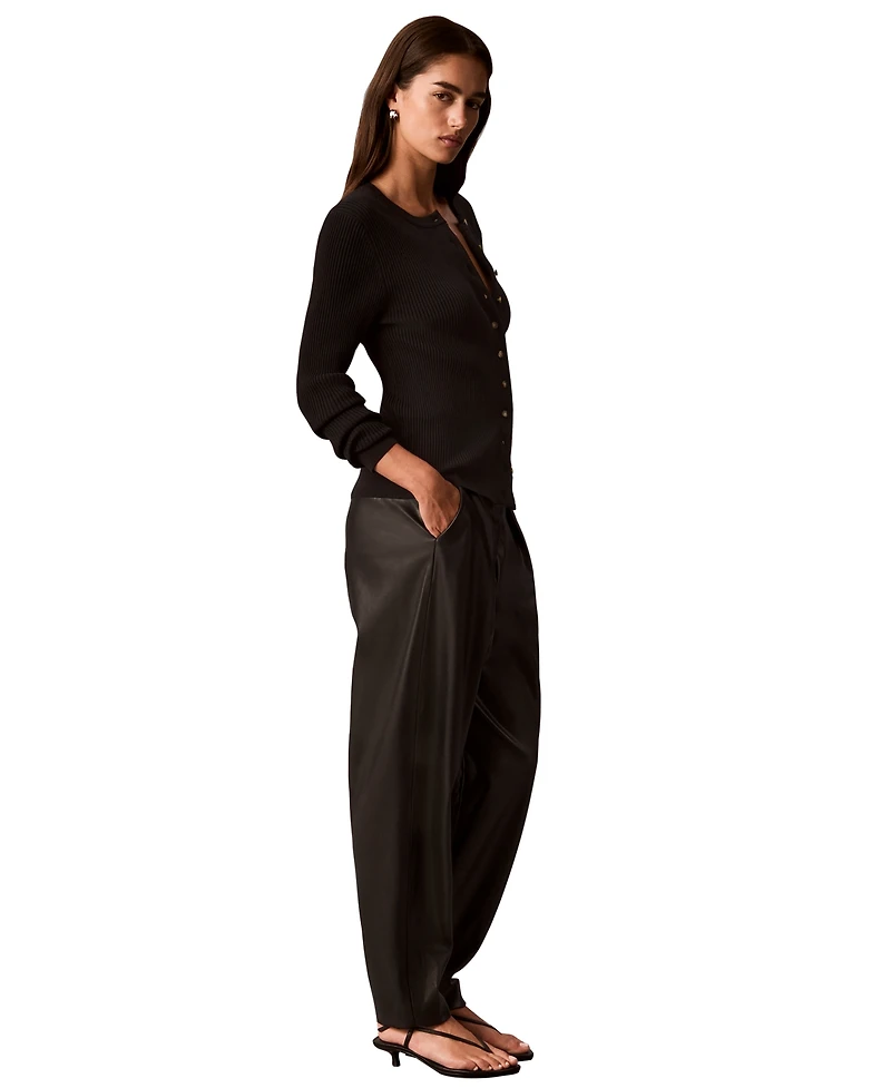 Calvin Klein Women's Faux Leather High-Rise Pleated Barrel Leg Pants