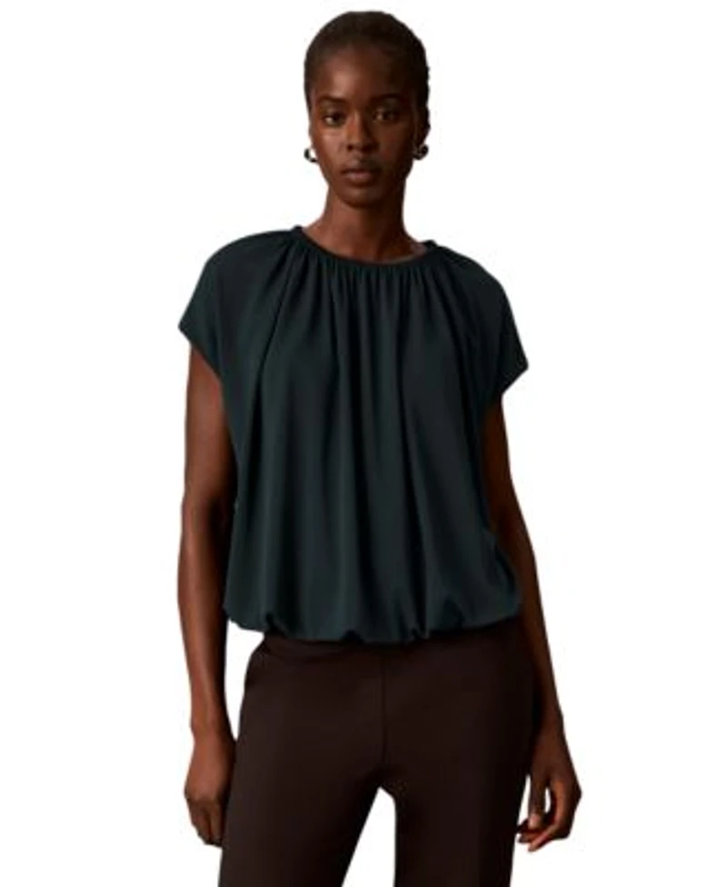 Calvin Klein Womens Shirred Extended Shoulder Short Sleeve Blouse