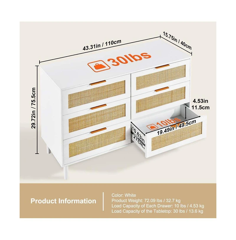Slickblue 6 Drawer Rattan Dresser with Spacious Storage for Bedroom