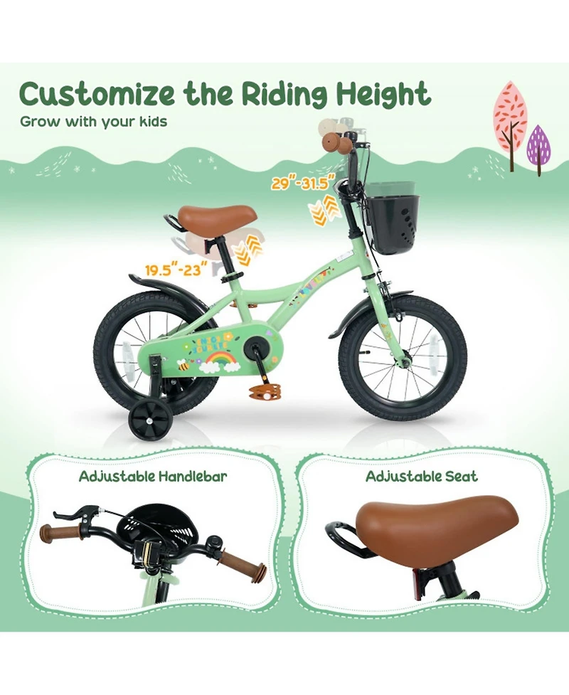 Hongge 14-Inch Adjustable Girls' Bicycle with Training Wheels, 110 lbs Capacity, Ages 3-5