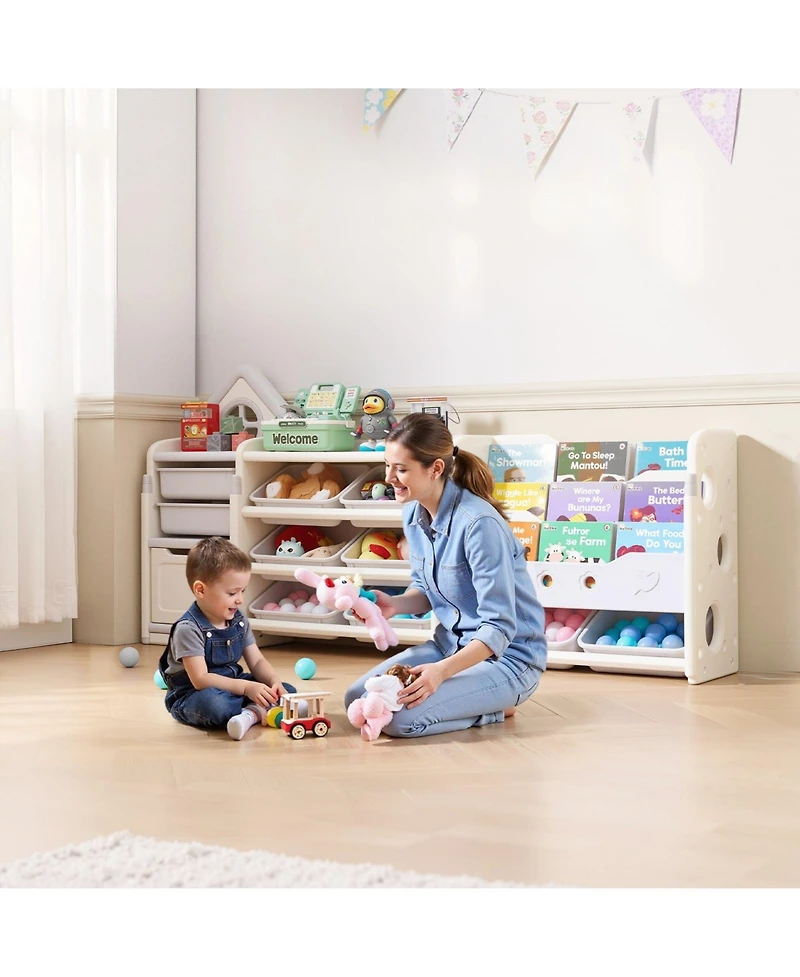 Slickblue Kids Toy Storage Organizer with Bookshelf and 10 Movable Plastic Bins
