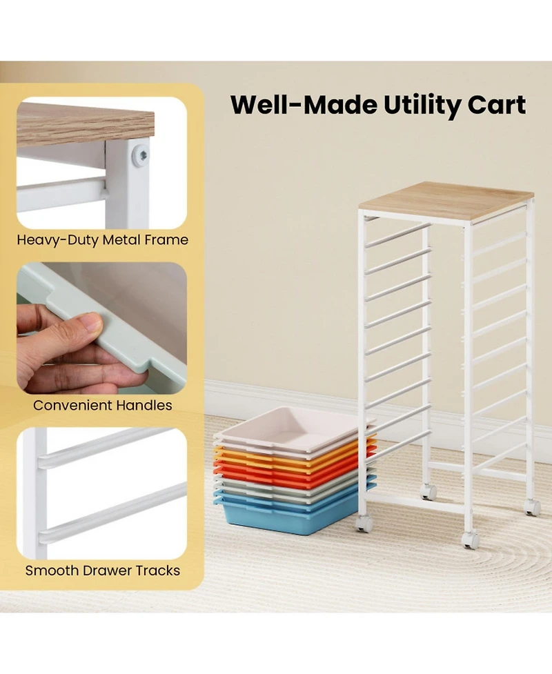 Sugift 10-Drawer Rolling Storage Cart Utility Organizer with Wooden Tabletop and Lockable Wheels