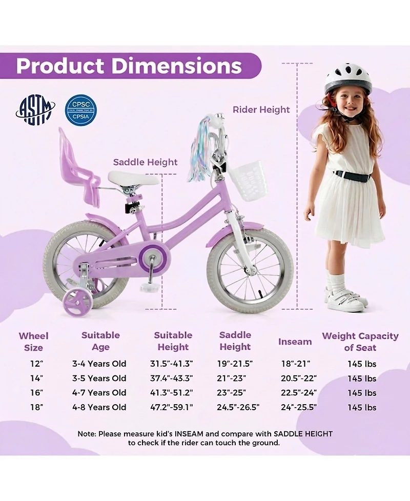 Hongge 14-Inch Girls Bike with Doll Seat, Dual Brake System & Training Wheels, Ages 3-5