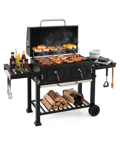 Hongge 752 Square Inches Charcoal Grill with Lifting Charcoal Trays Folding Side Tables and Wheels