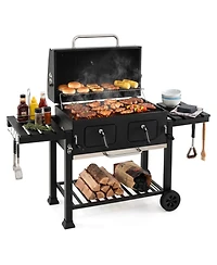 Hongge 752 Square Inches Charcoal Grill with Lifting Charcoal Trays Folding Side Tables and Wheels
