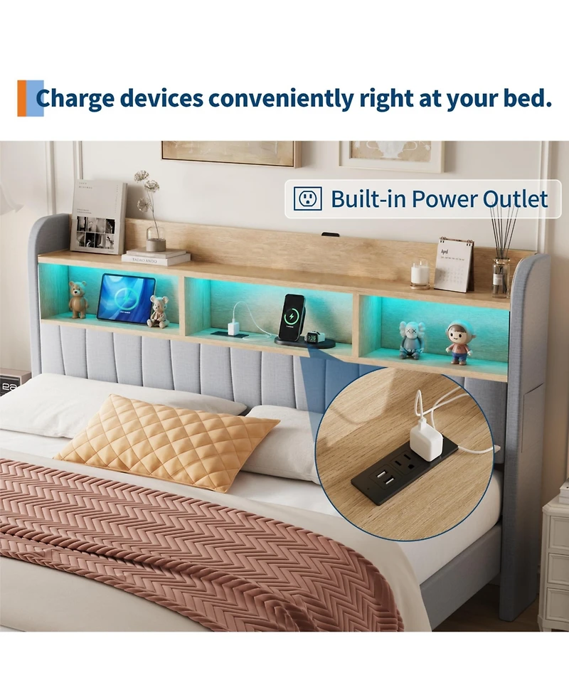 homfan Upholstered Bed with 2 Drawers and Led Lights | Platform Charging Station Storage Headboard, Heavy Duty, No Box Spring Needed