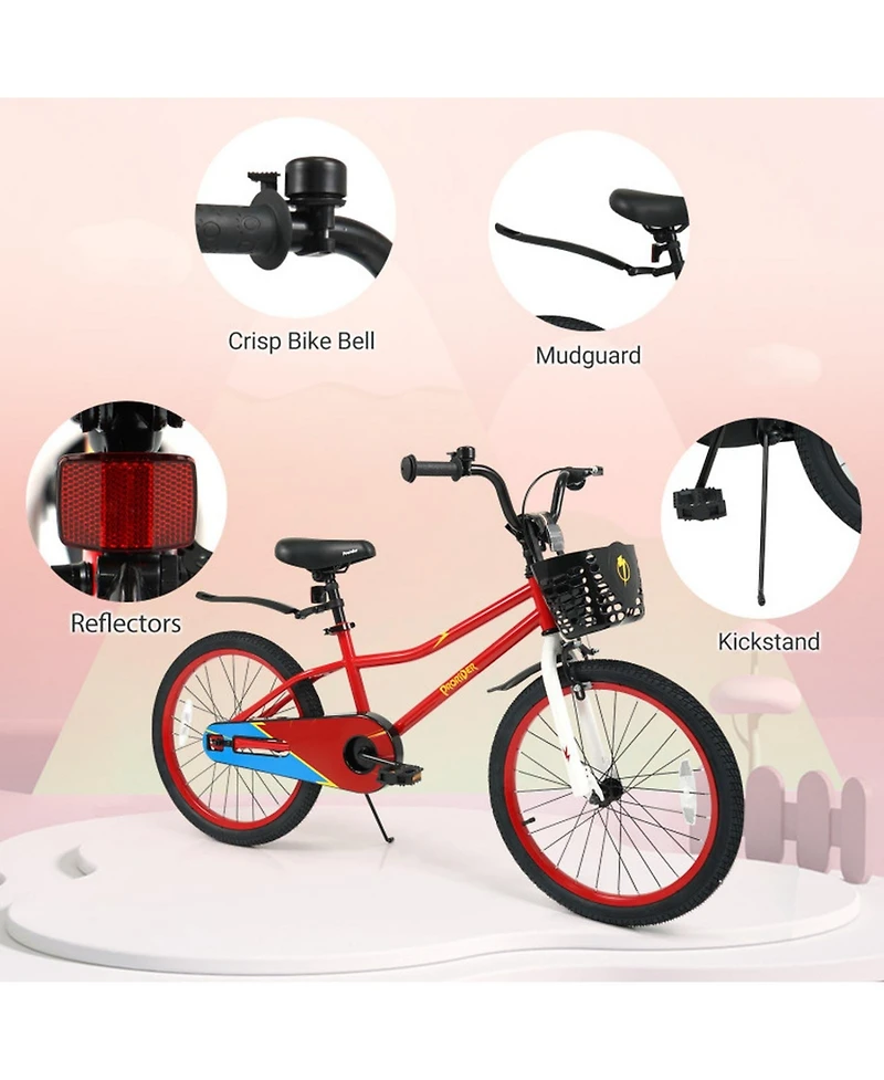 Hongge 20-Inch Height-Adjustable Kids Bike with Dual Brakes, Storage Basket, 143 lbs. Capacity, Ages 8+
