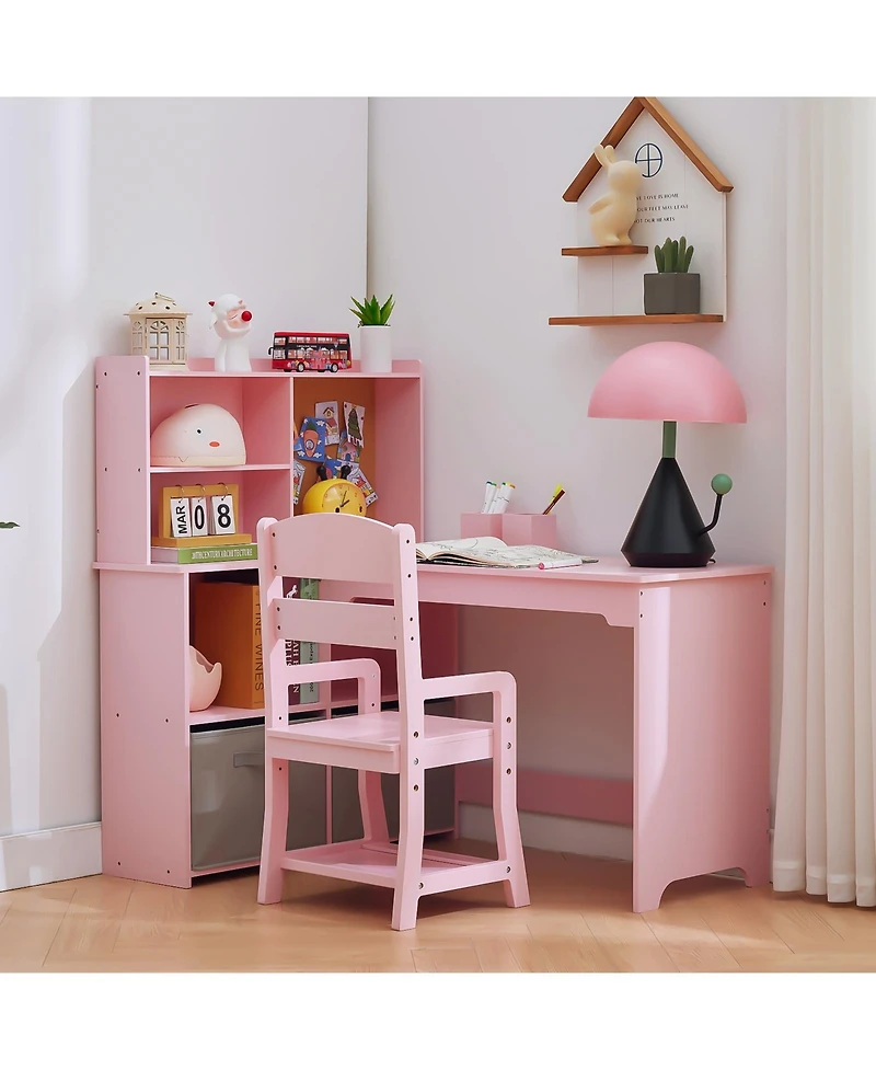 homfan L Shape Kids Desk and Chair Set with Bulletin Board, Open Shelves, Storage Cabinets, and Cloth Drawers, for Study and Play