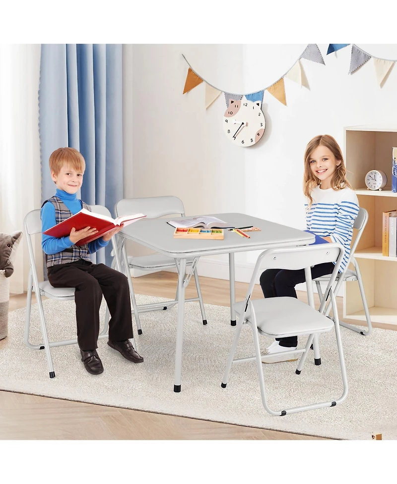 homfan Kids Folding Table and Chair Set, 4 Chairs and 1 Table, Pu Upholstered Seats, Iron Frame, Space Saving Design for Eating, Reading, and Play