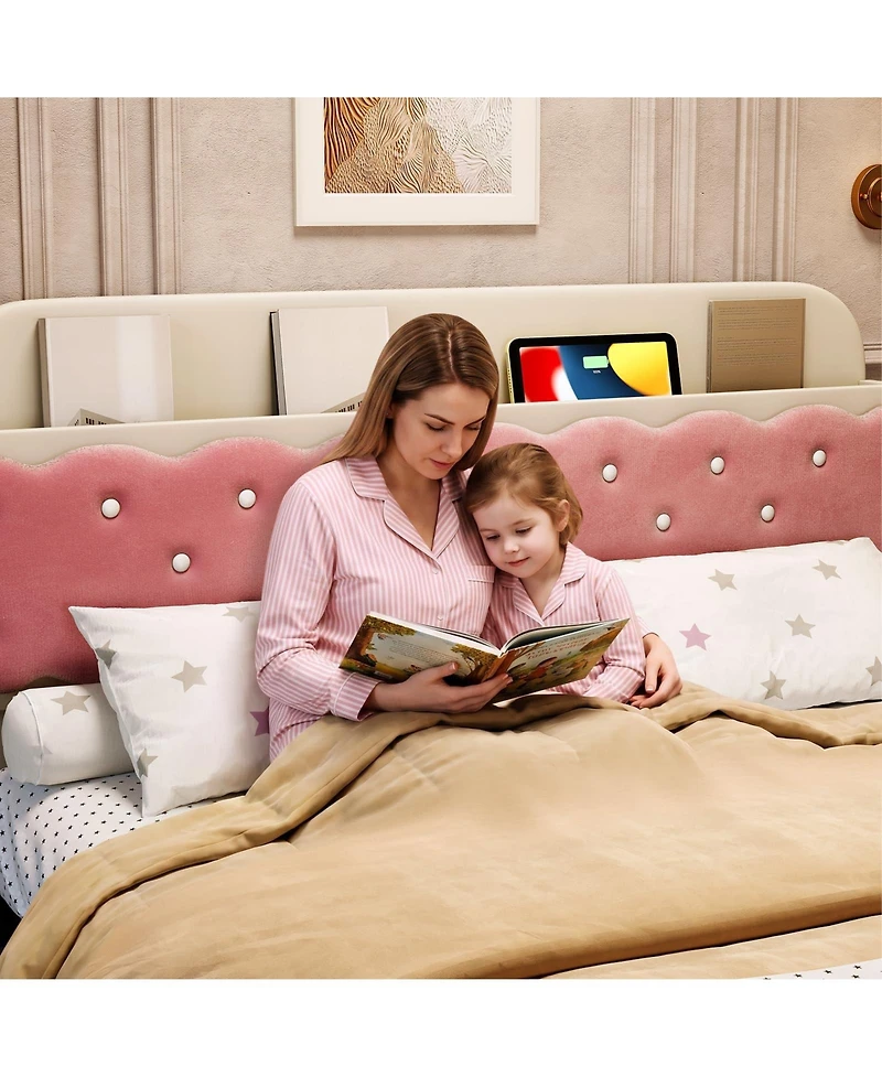 homfan Sandwich Cookie Style Princess Bed Frame, Upholstered with Storage Headboard and 2 Drawers, No Box Spring Needed