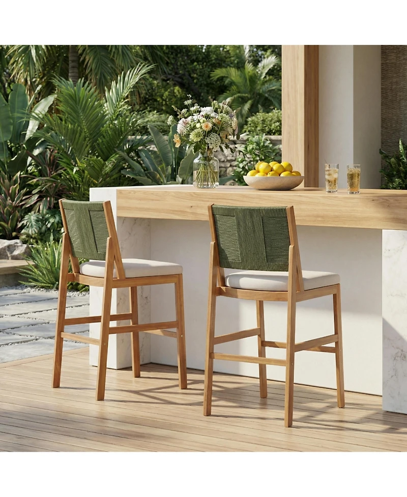 Flynama Set of 2 Outdoor Acacia Wood Bar Height Stools, Teak Finish with Cushion and Wicker Back