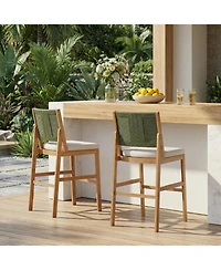 Flynama Set of 2 Outdoor Acacia Wood Bar Height Stools, Teak Finish with Cushion and Wicker Back