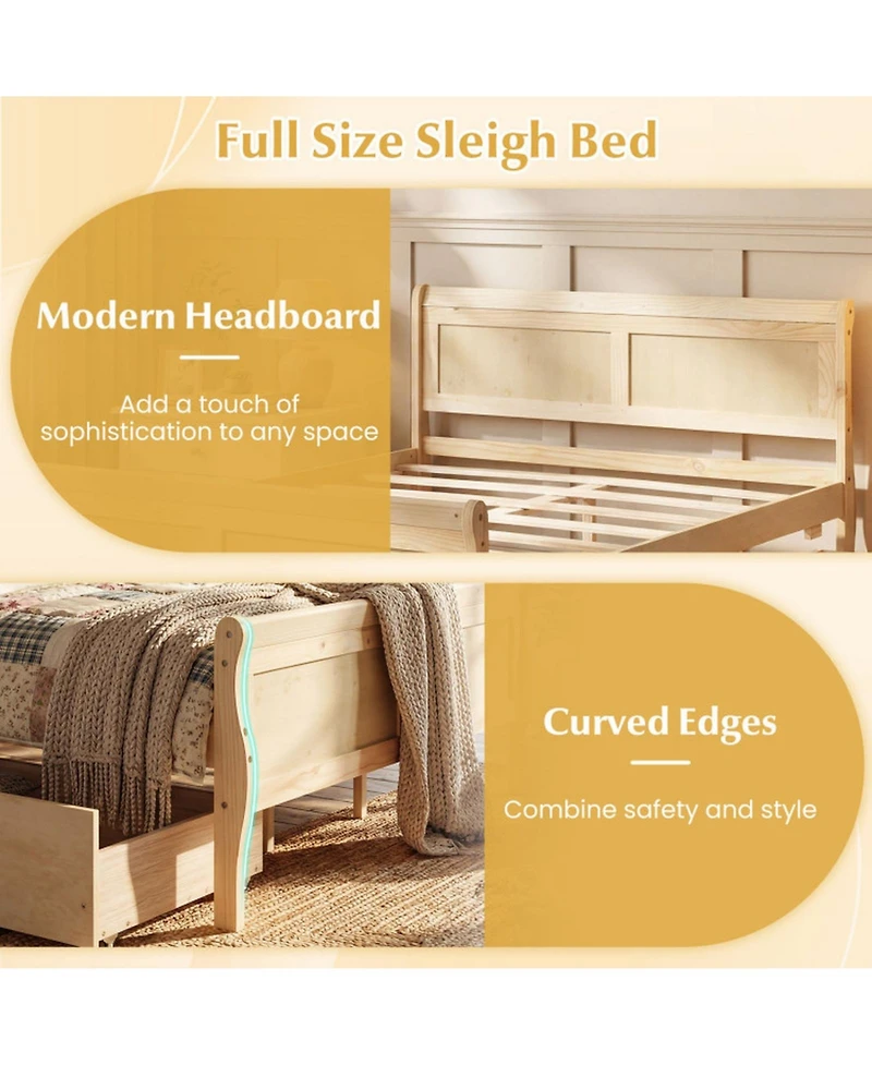 Sugift Full Size Sleigh Bed Frame with 2 Storage Drawers and Footboard for Kids Teens Adults