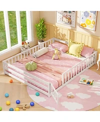 Sugift Queen Size Montessori Floor Bed Frame With Full Length Safety Guardrails For Kids