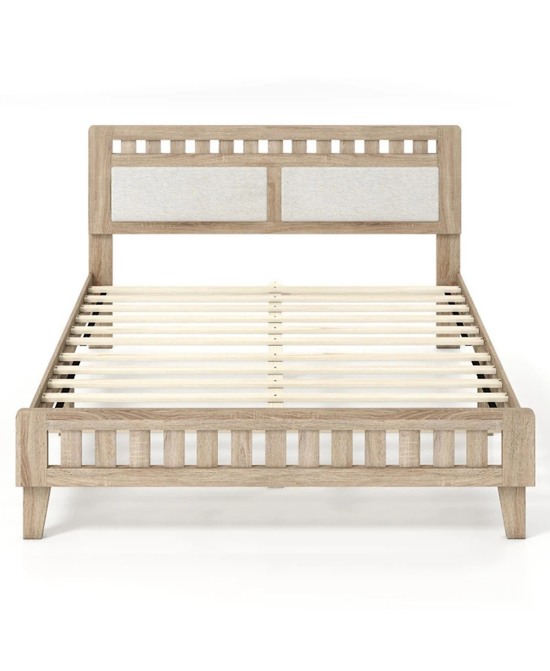 Sugift Queen Wood Bed Frame with Upholstered Headboard and 12 Plywood Slats