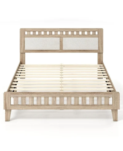 Sugift Queen Wood Bed Frame with Upholstered Headboard and 12 Plywood Slats