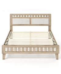 Sugift Queen Wood Bed Frame with Upholstered Headboard and 12 Plywood Slats