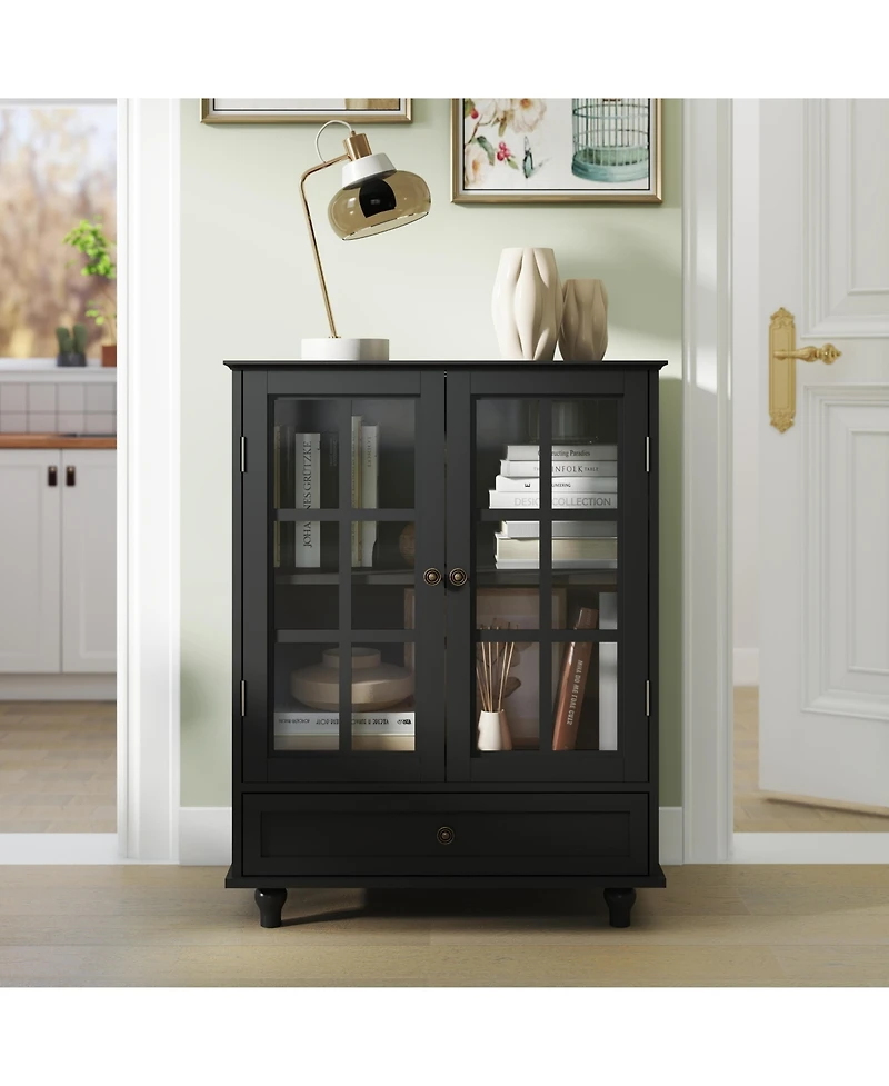 Clihome Minimalist Buffet Cabinet with Double Glass Doors and Drawer, Modern Wooden Storage Sideboard Cupboard