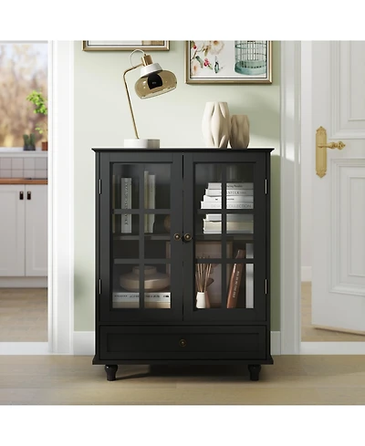 Clihome Minimalist Buffet Cabinet with Double Glass Doors and Drawer, Modern Wooden Storage Sideboard Cupboard