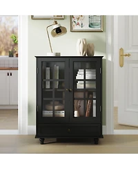 Clihome Minimalist Buffet Cabinet with Double Glass Doors and Drawer, Modern Wooden Storage Sideboard Cupboard