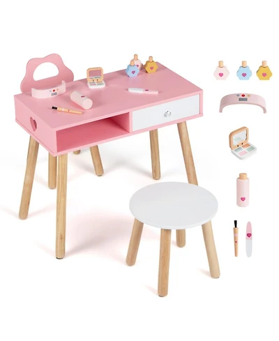 Sugift Pretend Nail Salon 2-in-1 3-Piece Table, Chair, and Stool Set, Ages 3-8