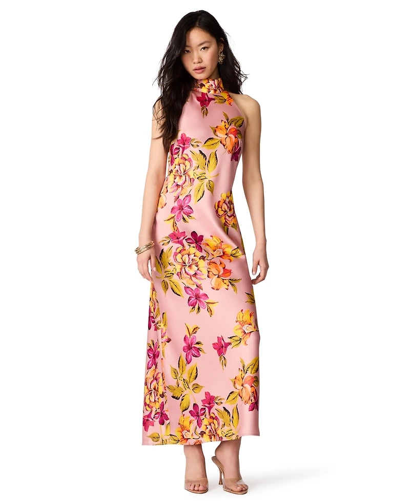 Steve Madden Juniors' Floral-Print Satin Halter Wedding-Guest Dress