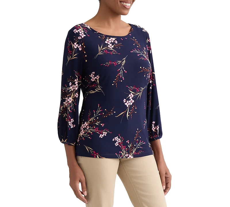 Jones New York Petite 3/4-Sleeve Scoop Neck Floral Blouse