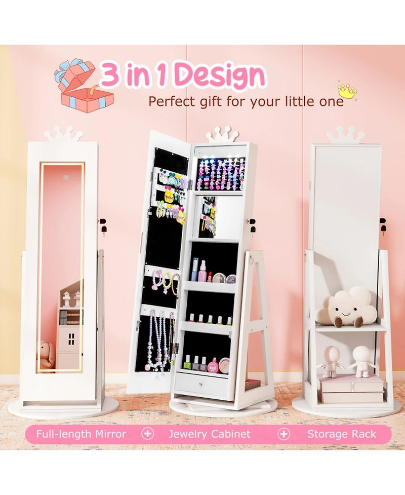 Sugift Kids 3-in-1 Crown Jewelry Armoire with Lighted Full-Length Mirror and 360-Degree Swivel Base